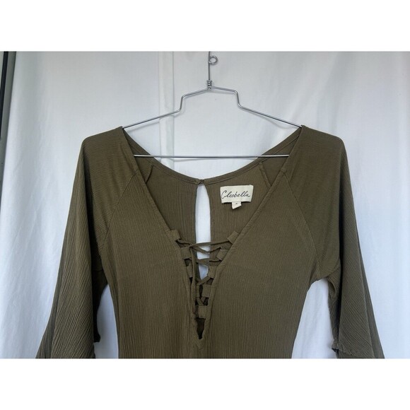 Cleobella Moss Green Lace Up Mini Dress Flare Sleeve Forest Fairy Goblin Witch - Picture 2 of 10